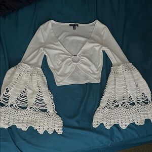 DOLLS KILL White Crochet Flare Sleeve Blouse
